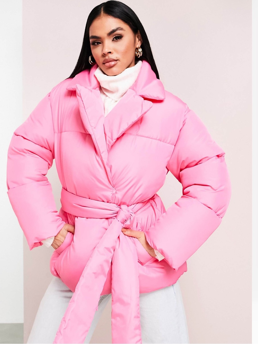 ASOS LUXE Wrap Puffer coat in hot pink